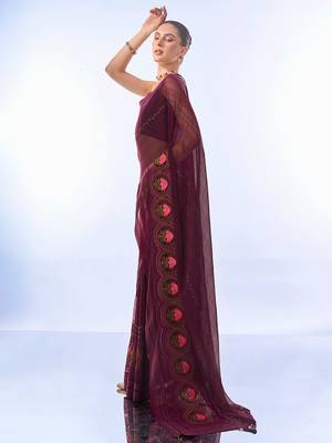 Purple Woven Embellished Chiffon Saree 3