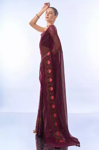 Purple Woven Embellished Chiffon Saree