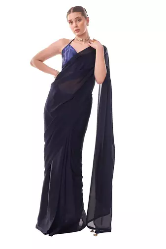 Navy Blue Ready To Wear Solid Saree