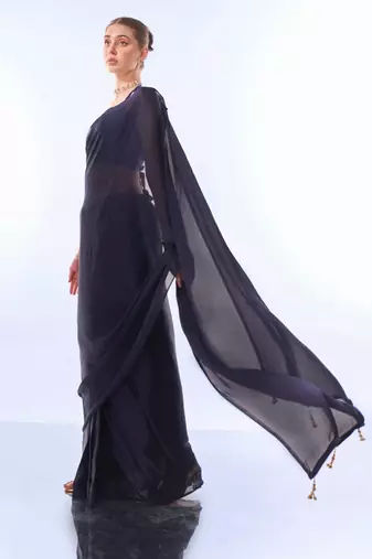 Navy Blue Ready To Wear Solid Saree
