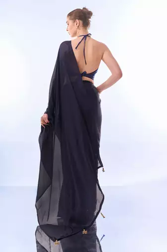 Navy Blue Ready To Wear Solid Saree