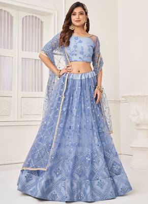 Sky Blue Butterfly Net Embroidery Thread Designer Lehenga 1