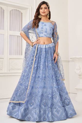 Sky Blue Butterfly Net Embroidery Thread Designer Lehenga