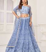 Sky Blue Butterfly Net Embroidery Thread Designer Lehenga