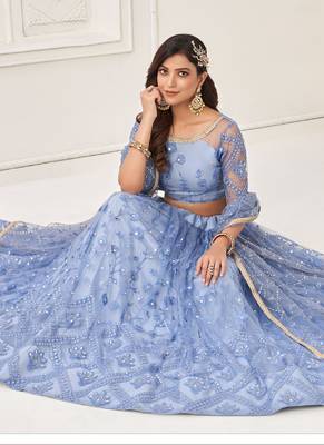 Sky Blue Butterfly Net Embroidery Thread Designer Lehenga 2