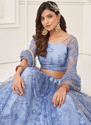 Sky Blue Butterfly Net Embroidery Thread Designer Lehenga 3