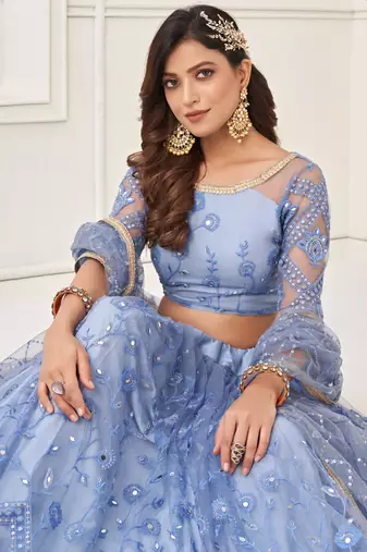 Sky Blue Butterfly Net Embroidery Thread Designer Lehenga
