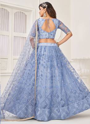 Sky Blue Butterfly Net Embroidery Thread Designer Lehenga 4