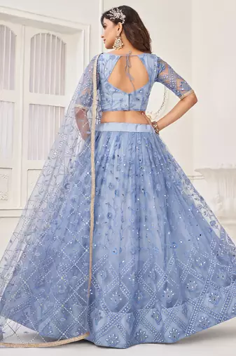 Sky Blue Butterfly Net Embroidery Thread Designer Lehenga