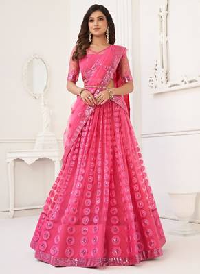 Pink Butterfly Net Embroidery Thread Designer Lehenga 1