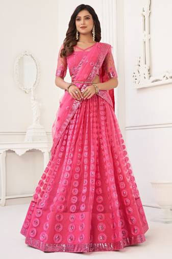 Pink Butterfly Net Embroidery Thread Designer Lehenga