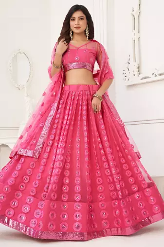 Pink Butterfly Net Embroidery Thread Designer Lehenga