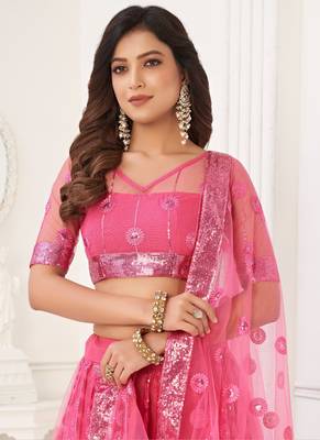 Pink Butterfly Net Embroidery Thread Designer Lehenga 3