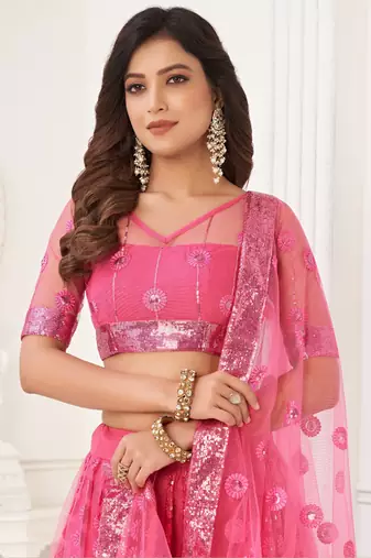 Pink Butterfly Net Embroidery Thread Designer Lehenga