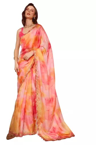 Printed Organza Saree With Lace Border