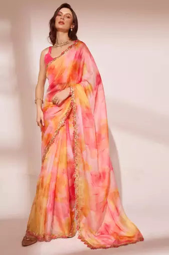 Printed Organza Saree With Lace Border