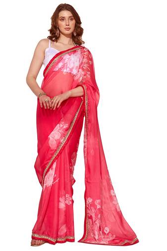 Floral Printed Organza Saree With Lace Border