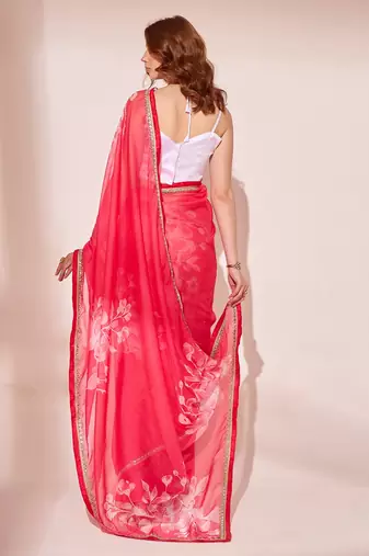 Floral Printed Organza Saree With Lace Border