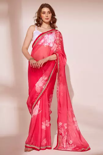 Floral Printed Organza Saree With Lace Border