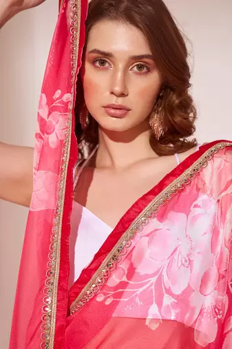 Floral Printed Organza Saree With Lace Border