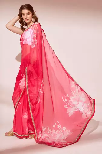 Floral Printed Organza Saree With Lace Border