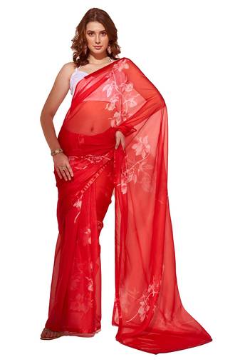 Floral Printed Organza Saree With Lace Border