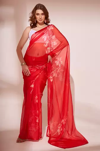 Floral Printed Organza Saree With Lace Border