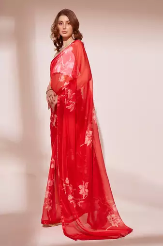 Floral Printed Organza Saree With Lace Border