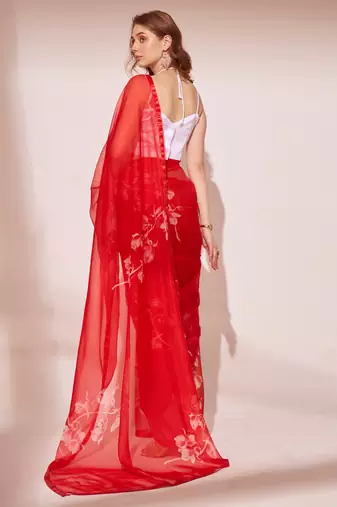 Floral Printed Organza Saree With Lace Border