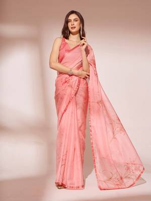 Peach Floral Printed Organza Saree 1