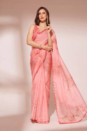 Peach Floral Printed Organza Saree
