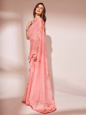 Peach Floral Printed Organza Saree 2