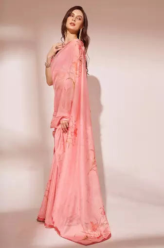 Peach Floral Printed Organza Saree