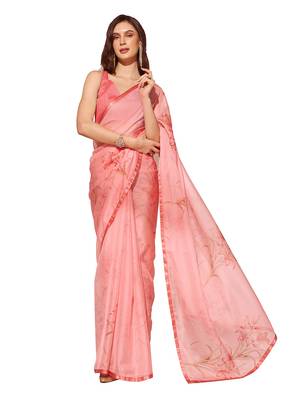 Peach Floral Printed Organza Saree 3