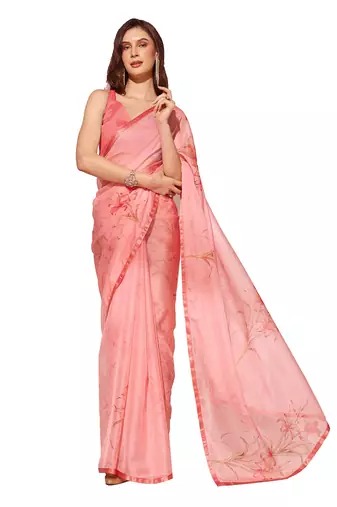 Peach Floral Printed Organza Saree