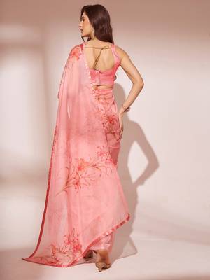 Peach Floral Printed Organza Saree 4