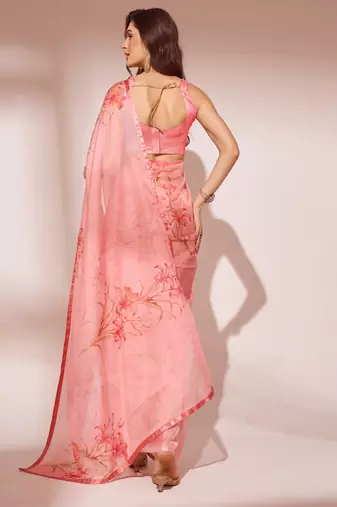 Peach Floral Printed Organza Saree