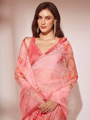 Peach Floral Printed Organza Saree 5