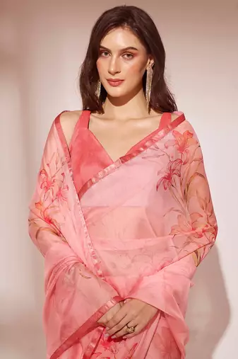Peach Floral Printed Organza Saree