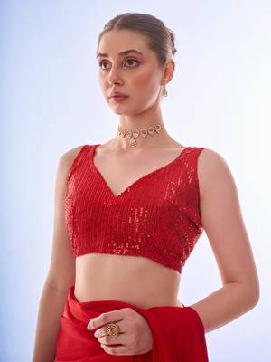 pre-stitched kalista fashion's chiffon plain fancy red saree with sequins blouse 2