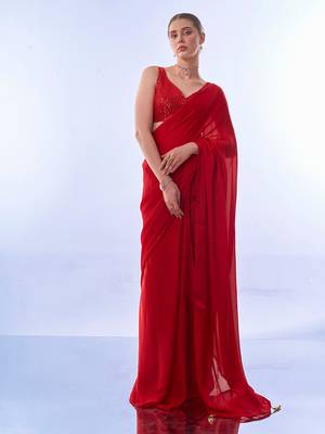 pre-stitched kalista fashion's chiffon plain fancy red saree with sequins blouse 1