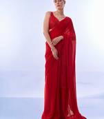 ready to wear kalista fashion's chiffon plain fancy red saree with sequins blouse