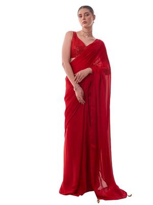 pre-stitched kalista fashion's chiffon plain fancy red saree with sequins blouse 3