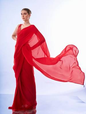 pre-stitched kalista fashion's chiffon plain fancy red saree with sequins blouse 5