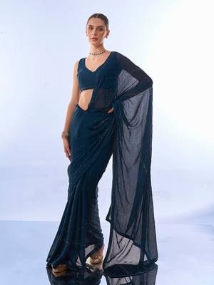 Teal Embellished Chiffon Saree 1