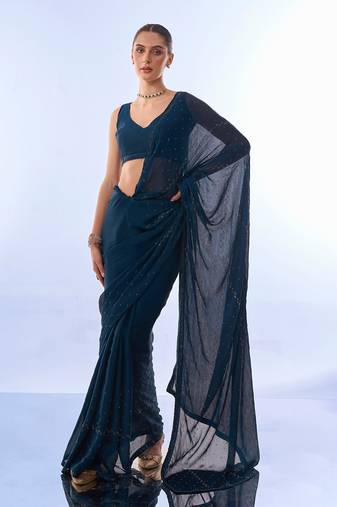 Teal Embellished Chiffon Saree