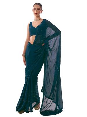 Teal Embellished Chiffon Saree 2