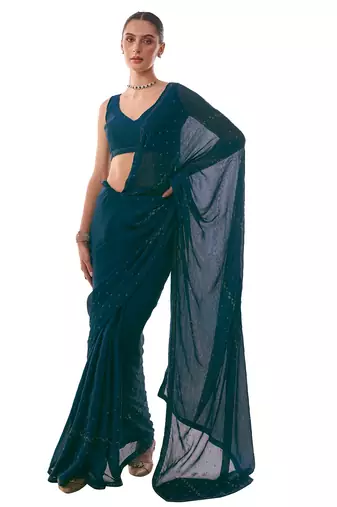 Teal Embellished Chiffon Saree