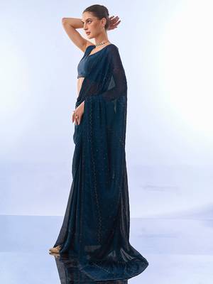 Teal Embellished Chiffon Saree 3