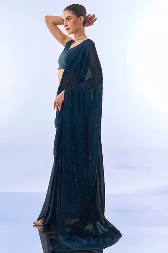 Teal Embellished Chiffon Saree